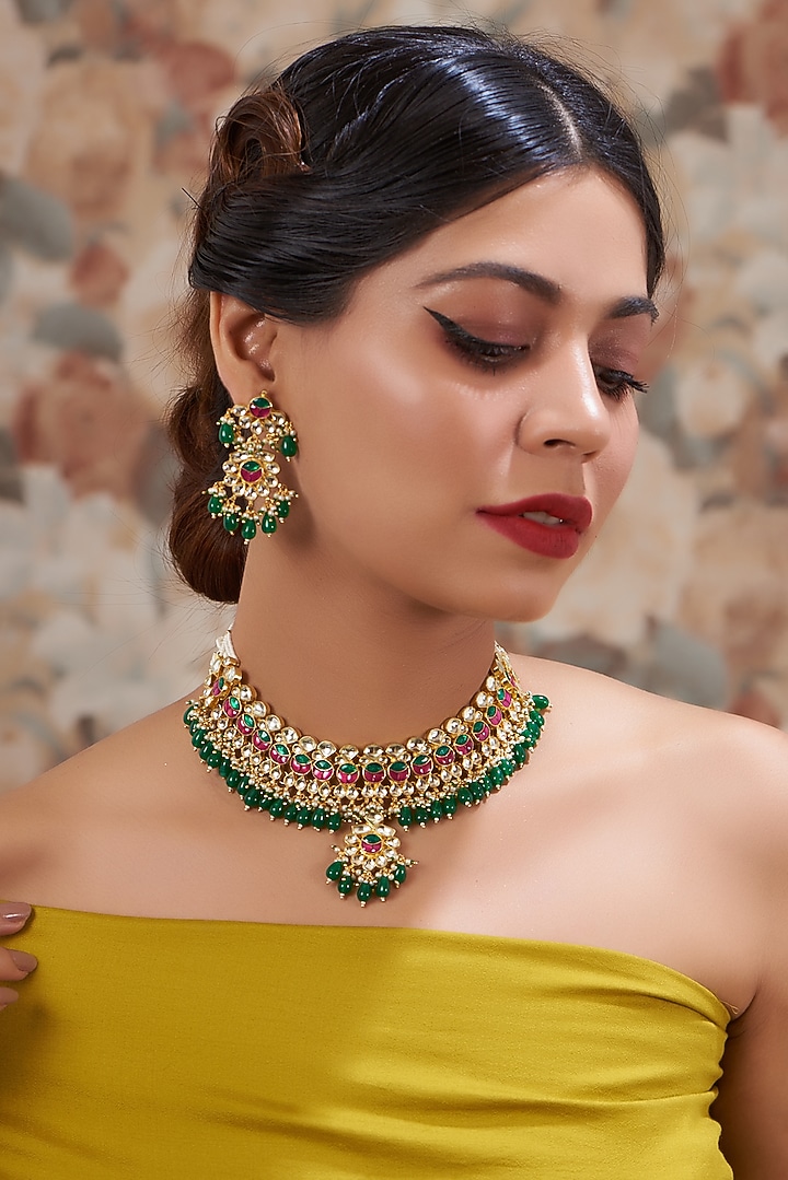 Gold Plated Kundan Polki & Handcrafted Green Stones Necklace Set by Aura Trends at Pernia's Pop Up Shop