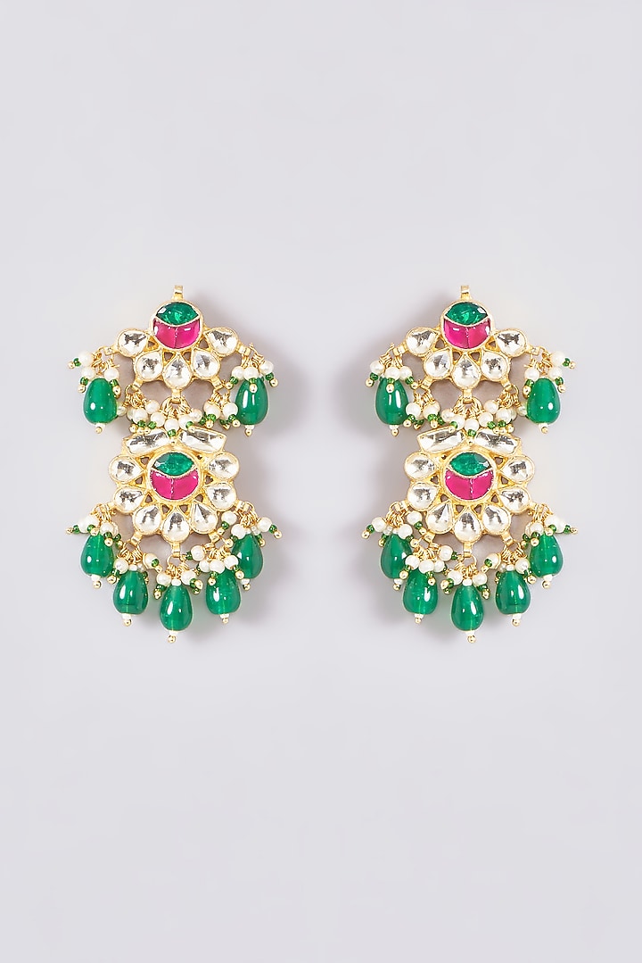 Gold Plated Kundan Polki & Handcrafted Green Stones Necklace Set by Aura Trends at Pernia's Pop Up Shop