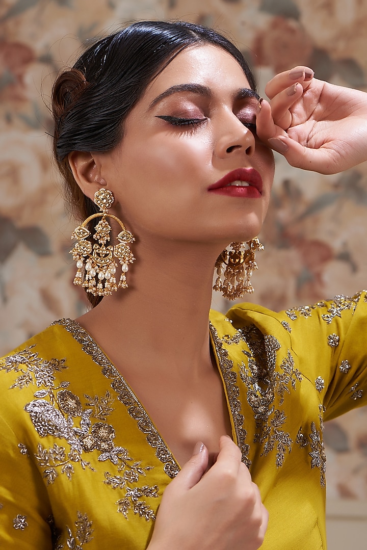 Gold Plated Kundan Polki & Handcrafted Stones Chandbali Earrings by Auraa Trends