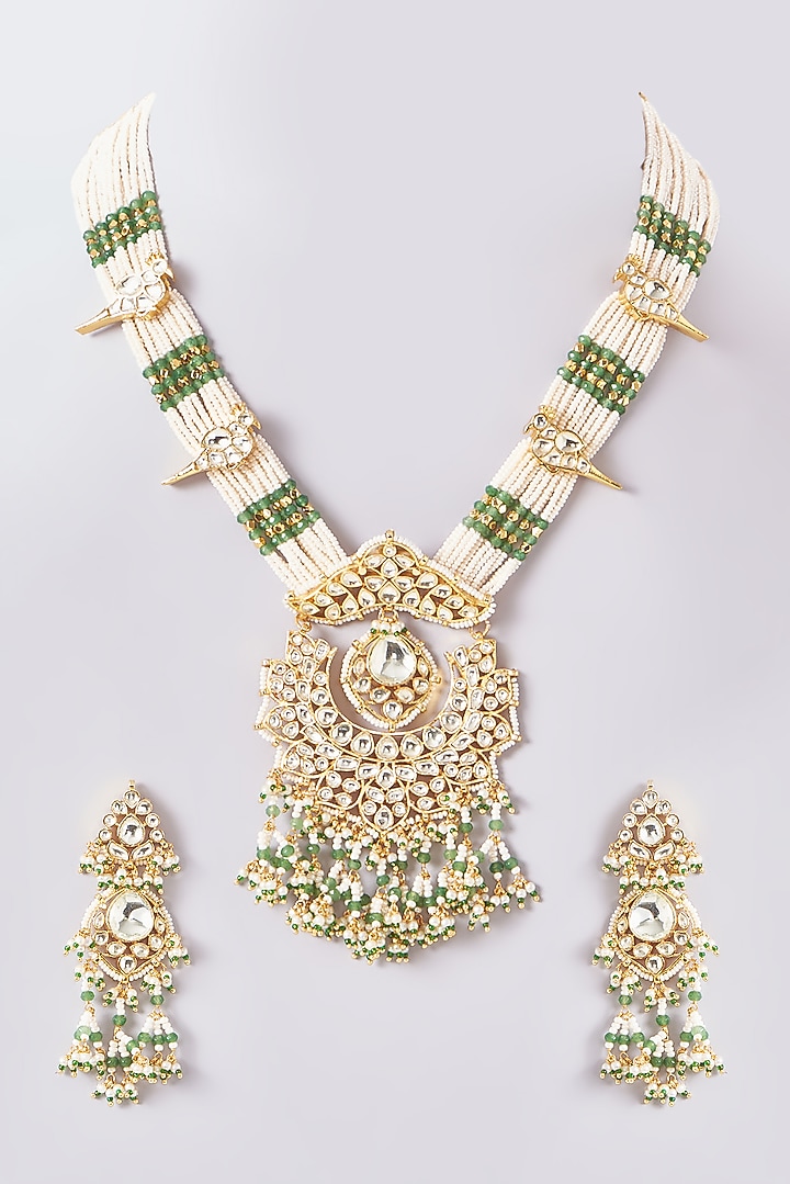 Gold Plated Kundan Polki & Handcrafted Green Stones Long Necklace Set by Aura Trends at Pernia's Pop Up Shop
