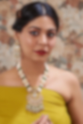 Gold Plated Kundan Polki & Handcrafted Green Stones Long Necklace Set by Auraa Trends at Pernia's Pop Up Shop