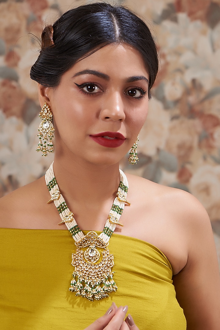 Gold Plated Kundan Polki & Handcrafted Green Stones Long Necklace Set by Auraa Trends at Pernia's Pop Up Shop
