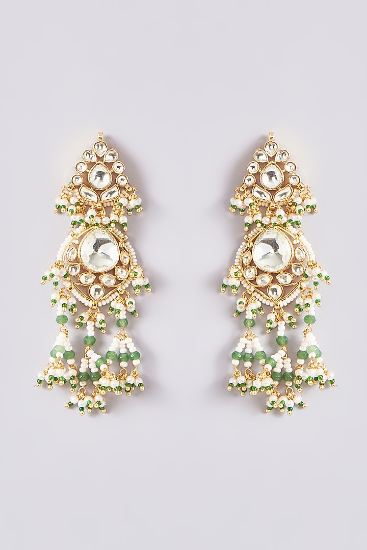 Gold Plated Kundan Polki & Handcrafted Green Stones Long Necklace Set by Aura Trends at Pernia's Pop Up Shop