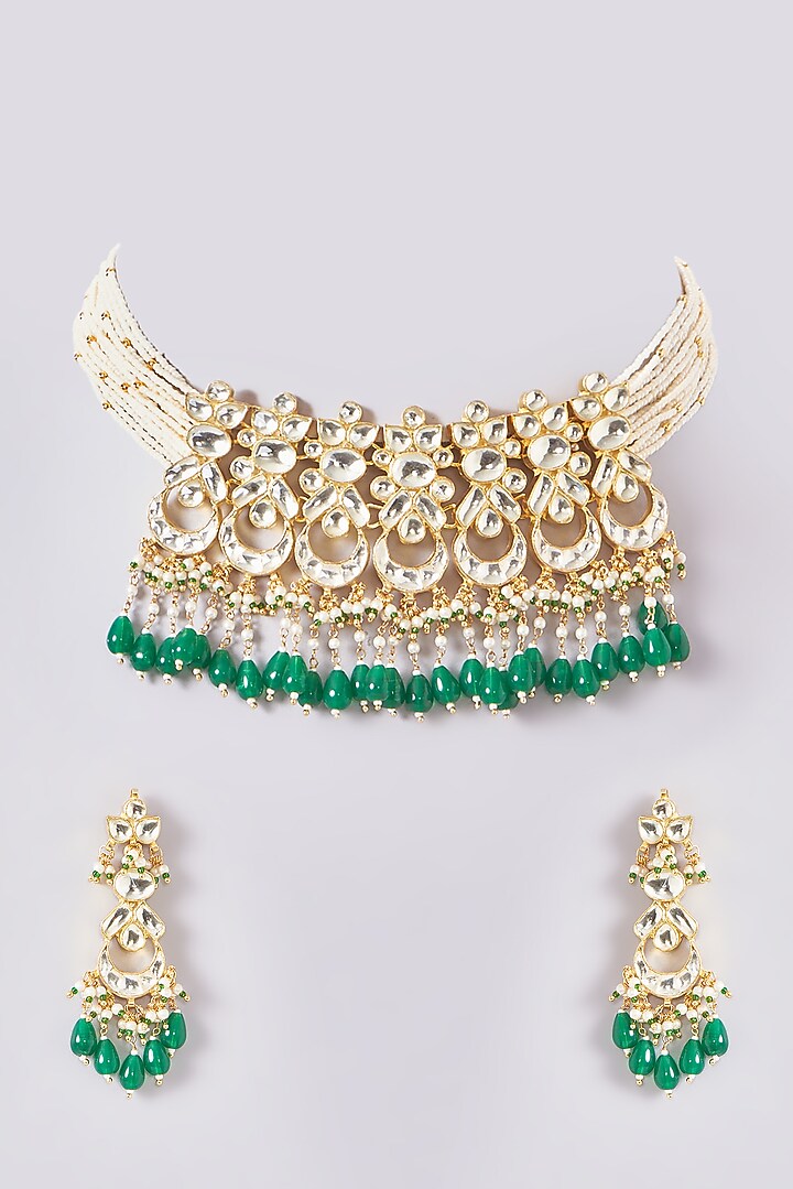 Gold Plated Kundan Polki & Handcrafted Green Stones Choker Necklace Set by Aura Trends at Pernia's Pop Up Shop