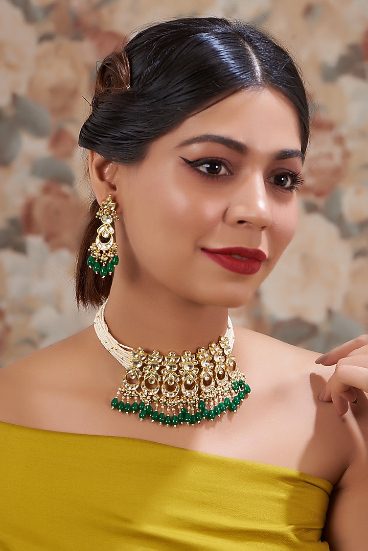 Gold Plated Kundan Polki & Handcrafted Green Stones Choker Necklace Set by Aura Trends at Pernia's Pop Up Shop