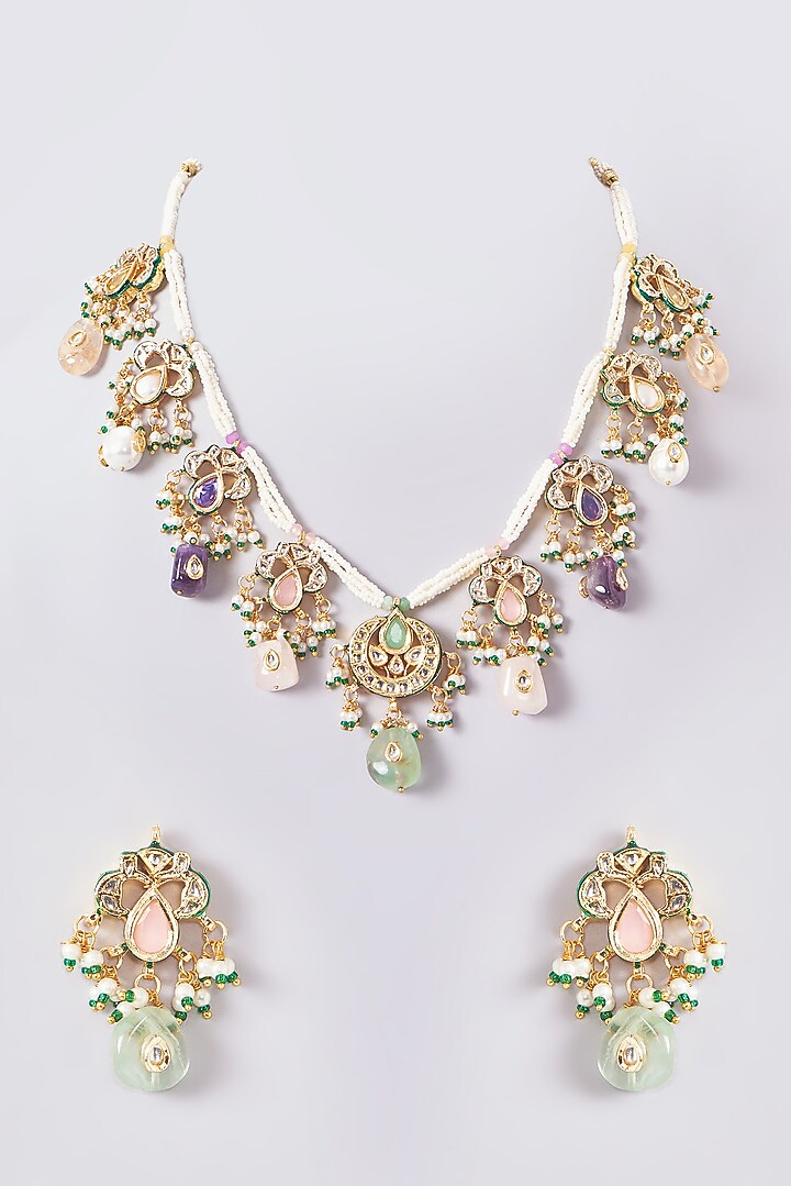 Gold Plated Kundan Polki & Handcrafted Navratna Stones Long Necklace Set by Aura Trends at Pernia's Pop Up Shop