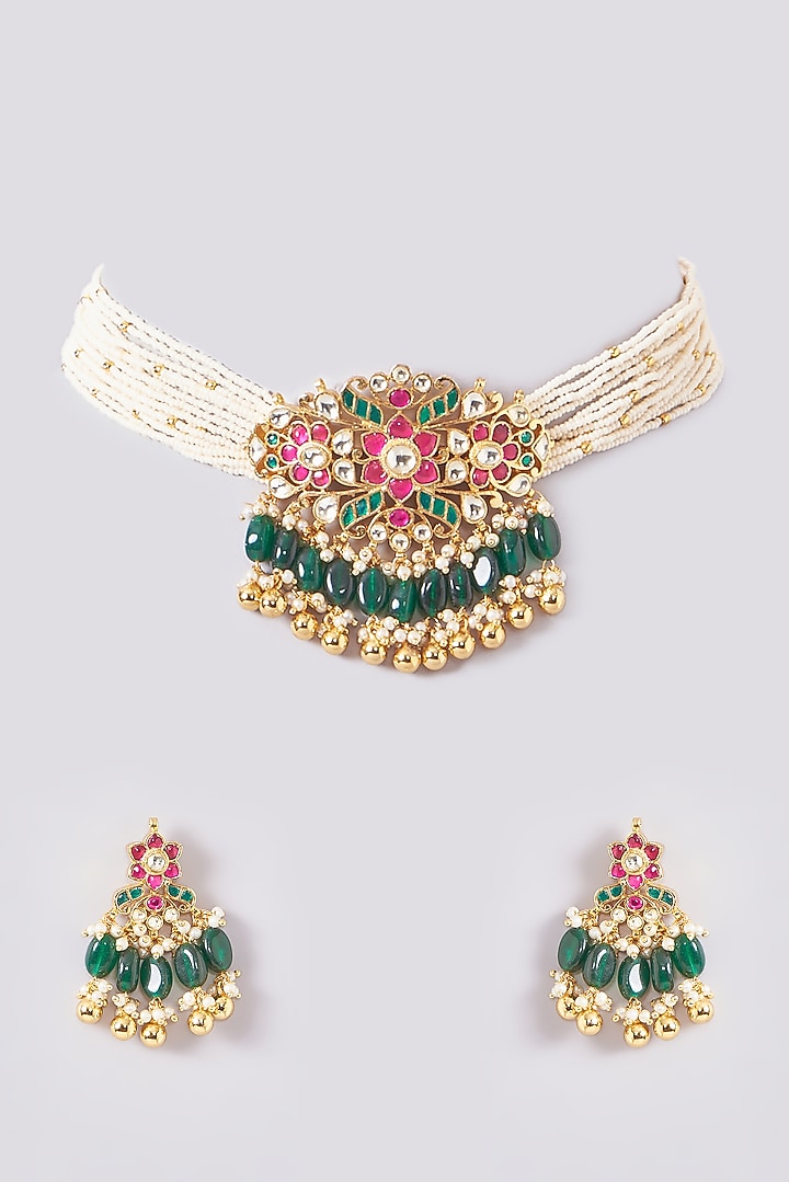 Gold Plated Kundan Polki & Handcrafted Green Stones Choker Necklace Set by Aura Trends at Pernia's Pop Up Shop