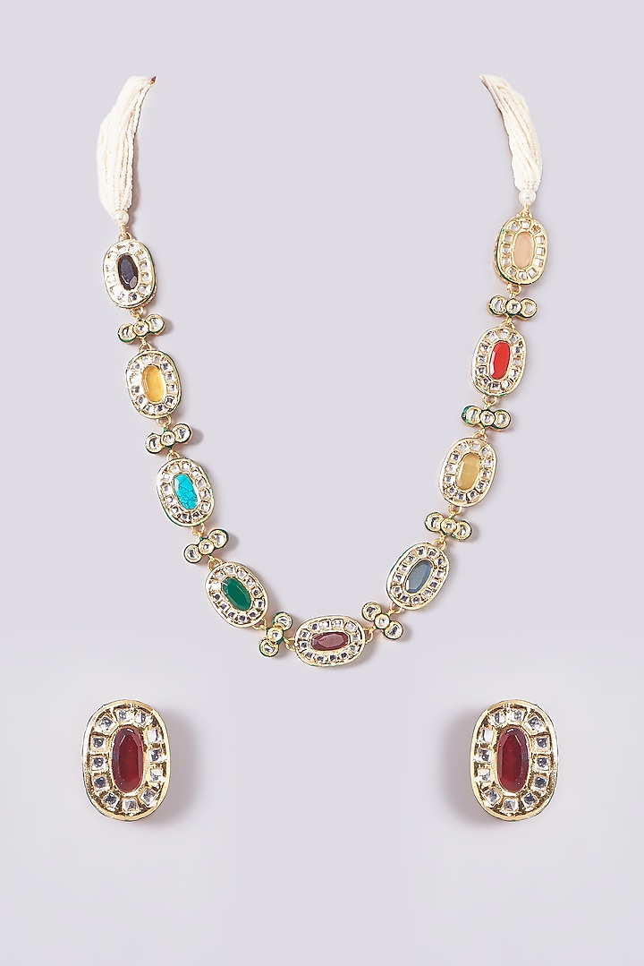 Gold Plated Kundan Polki & Handcrafted Navratna Stones Long Necklace Set by Aura Trends at Pernia's Pop Up Shop
