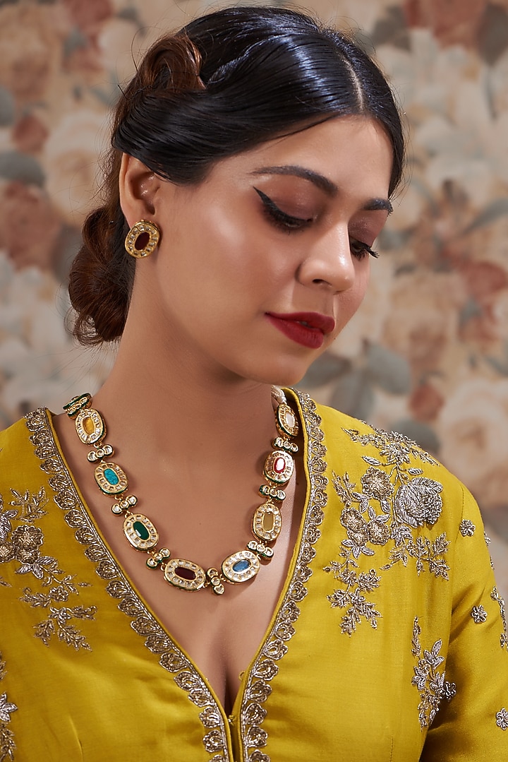 Gold Plated Kundan Polki & Handcrafted Navratna Stones Long Necklace Set by Aura Trends at Pernia's Pop Up Shop