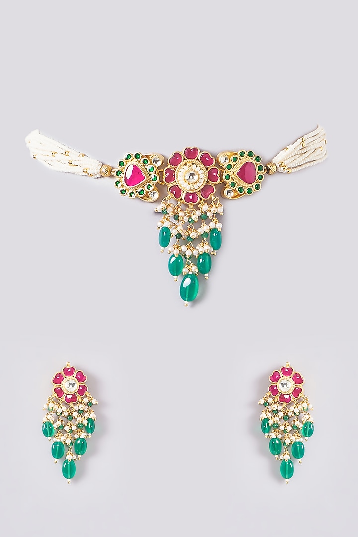 Gold Plated Kundan Polki & Handcrafted Green Stones Choker Necklace Set by Aura Trends at Pernia's Pop Up Shop