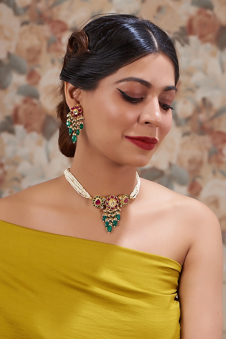 Gold Plated Kundan Polki & Handcrafted Green Stones Choker Necklace Set by Auraa Trends