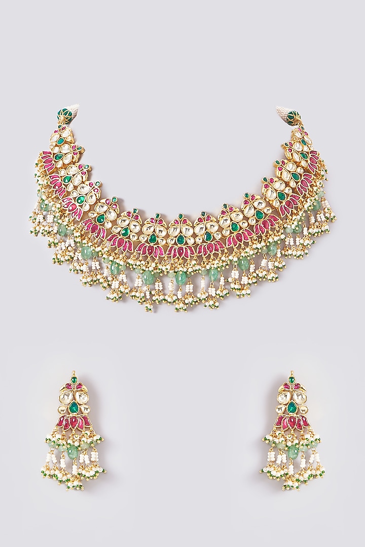 Gold Plated Kundan Polki & Handcrafted Green Stones Necklace Set by Aura Trends at Pernia's Pop Up Shop