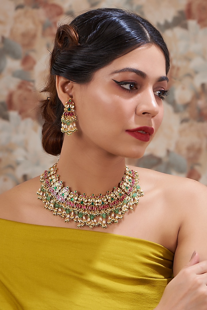 Gold Plated Kundan Polki & Handcrafted Green Stones Necklace Set by Aura Trends at Pernia's Pop Up Shop