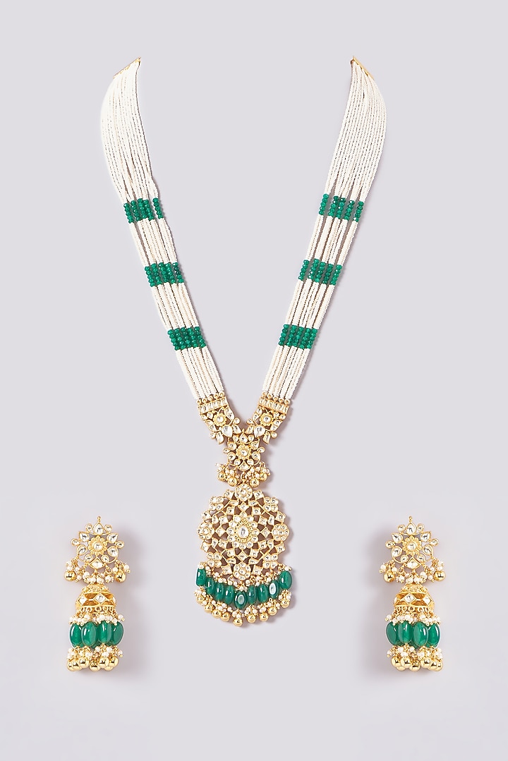 Gold Plated Kundan Polki & Handcrafted Green Stones Long Necklace Set by Aura Trends at Pernia's Pop Up Shop