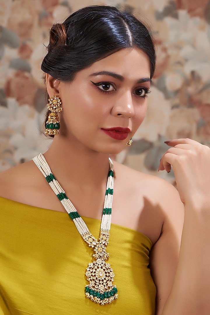 Gold Plated Kundan Polki & Handcrafted Green Stones Long Necklace Set by Aura Trends at Pernia's Pop Up Shop