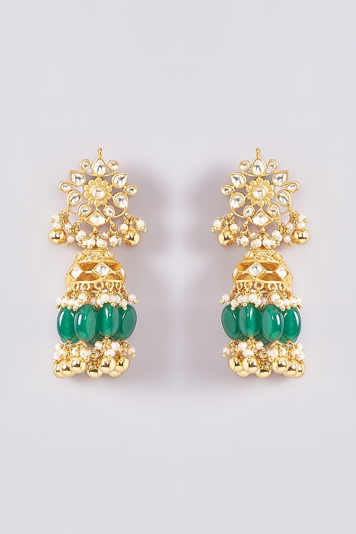 Gold Plated Kundan Polki & Handcrafted Green Stones Long Necklace Set by Aura Trends at Pernia's Pop Up Shop