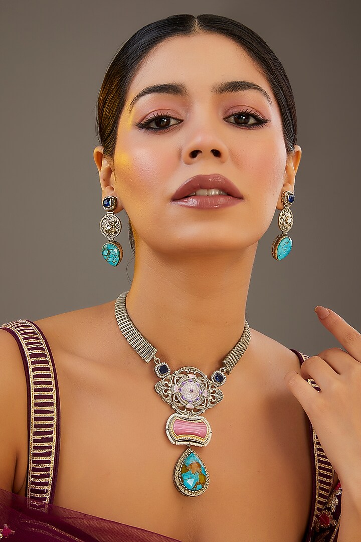 Gold Finish Green Kundan Polki Long Necklace Set by Auraa Trends at Pernia's Pop Up Shop