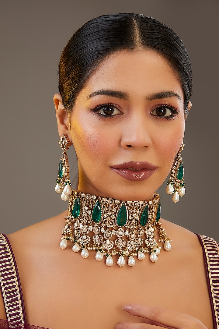 Gold Finish Green Kundan Polki & Stone Choker Necklace Set by Aura Trends at Pernia's Pop Up Shop