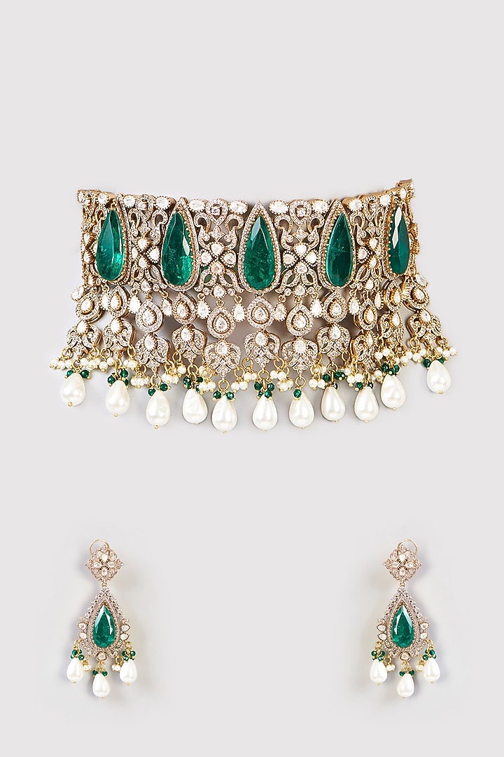 Gold Finish Green Kundan Polki & Stone Choker Necklace Set by Aura Trends at Pernia's Pop Up Shop