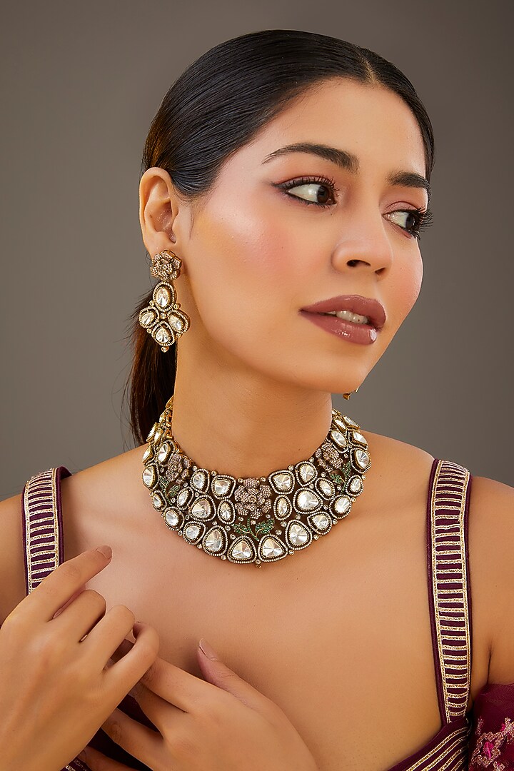 Gold Finish Kundan Polki Necklace Set by Aura Trends at Pernia's Pop Up Shop
