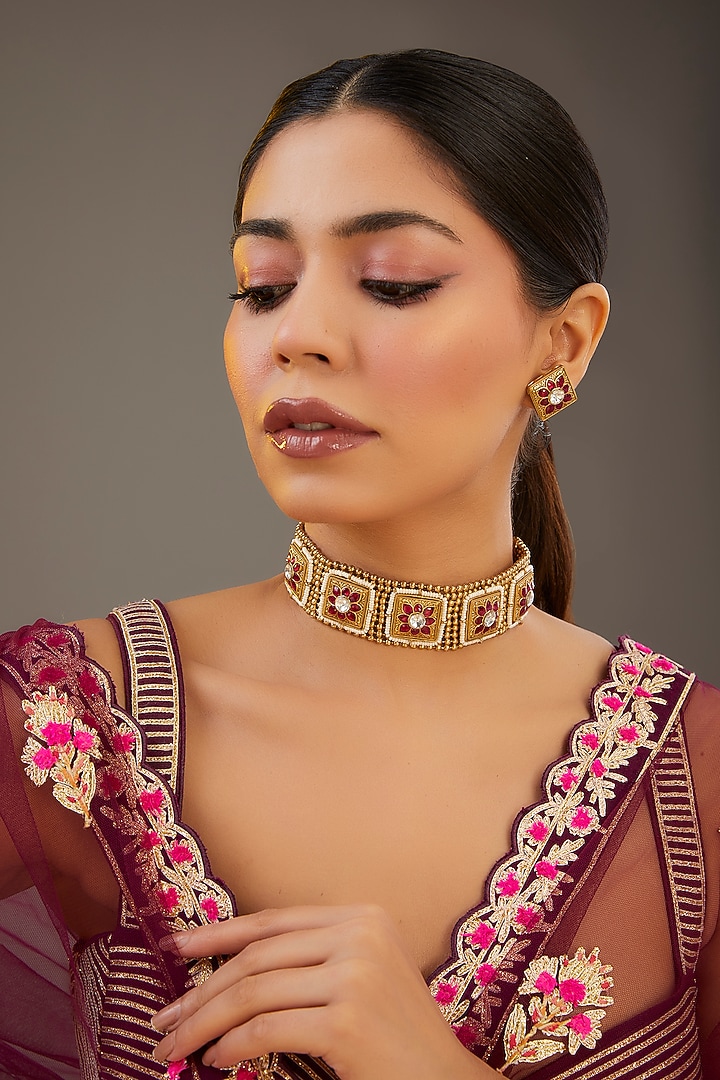 Gold Finish Red Kundan Polki Choker Necklace Set by Aura Trends at Pernia's Pop Up Shop