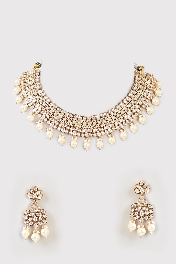 Gold Finish Kundan Polki & Beaded Choker Necklace Set by Aura Trends at Pernia's Pop Up Shop