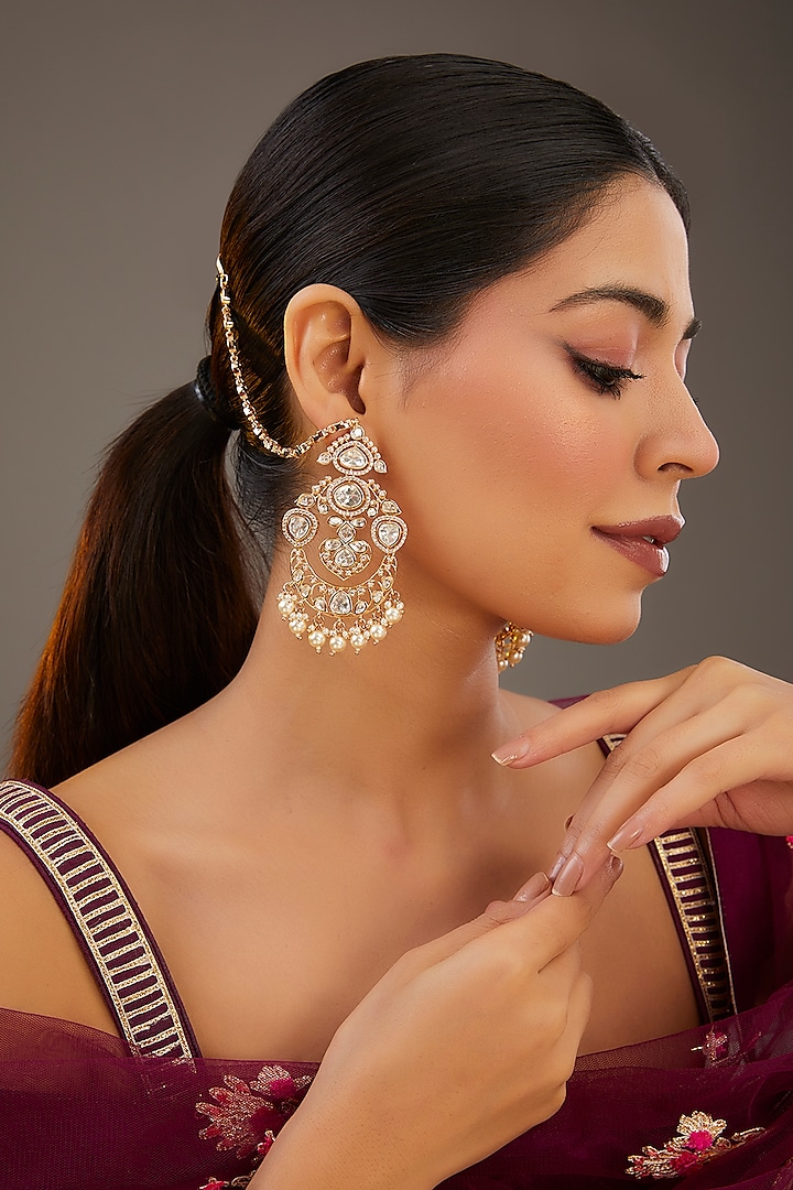 Gold Finish Kundan Polki & Crystal Chandbali Earrings by Auraa Trends