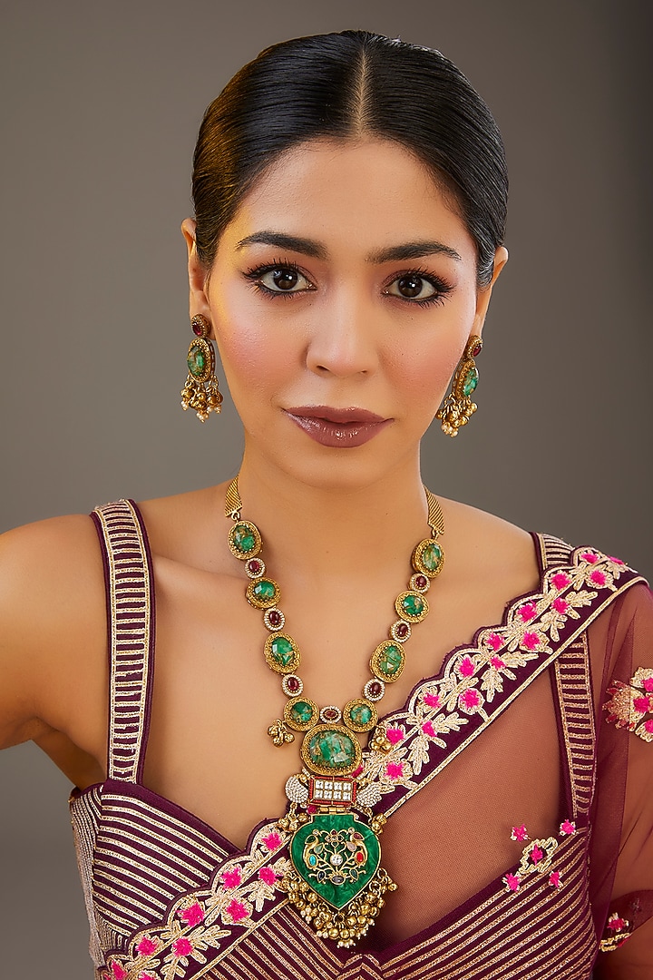 Gold Finish Turquoise Blue Stone & Kundan Polki Long Necklace Set by Aura Trends at Pernia's Pop Up Shop