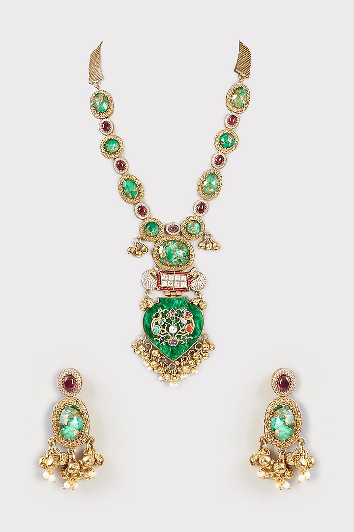 Gold Finish Turquoise Blue Stone & Kundan Polki Long Necklace Set by Aura Trends at Pernia's Pop Up Shop