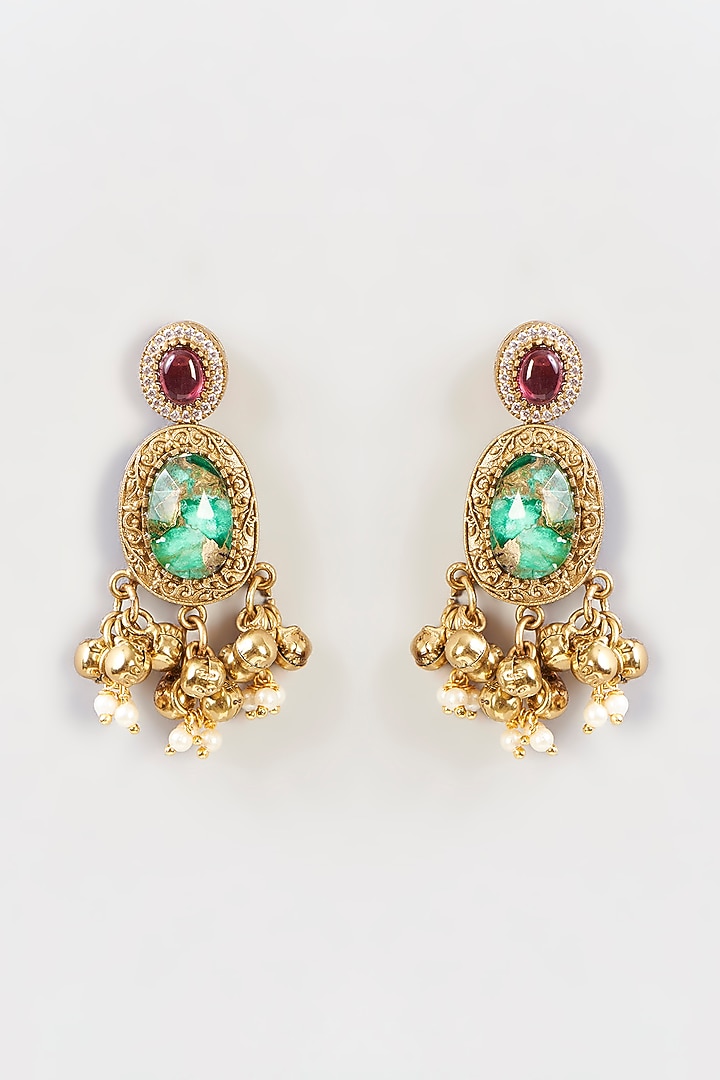 Gold Finish Turquoise Blue Stone & Kundan Polki Long Necklace Set by Aura Trends at Pernia's Pop Up Shop
