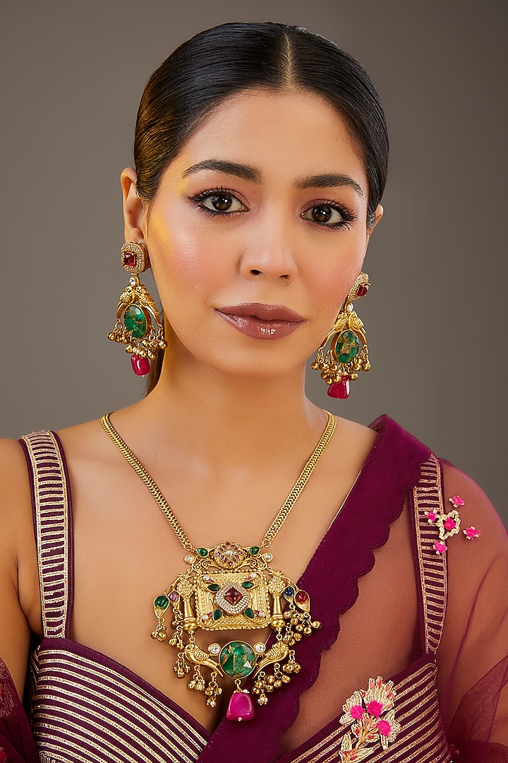 Gold Finish Green Kundan Polki Long Necklace Set by Aura Trends at Pernia's Pop Up Shop