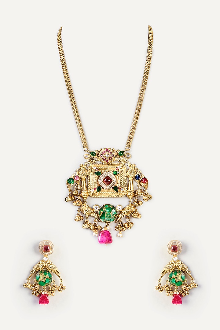 Gold Finish Green Kundan Polki Long Necklace Set by Aura Trends at Pernia's Pop Up Shop