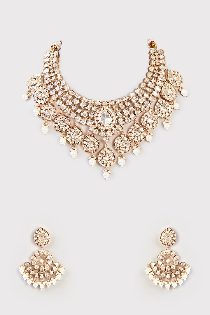 Gold Finish Kundan Polki Necklace Set by Aura Trends at Pernia's Pop Up Shop