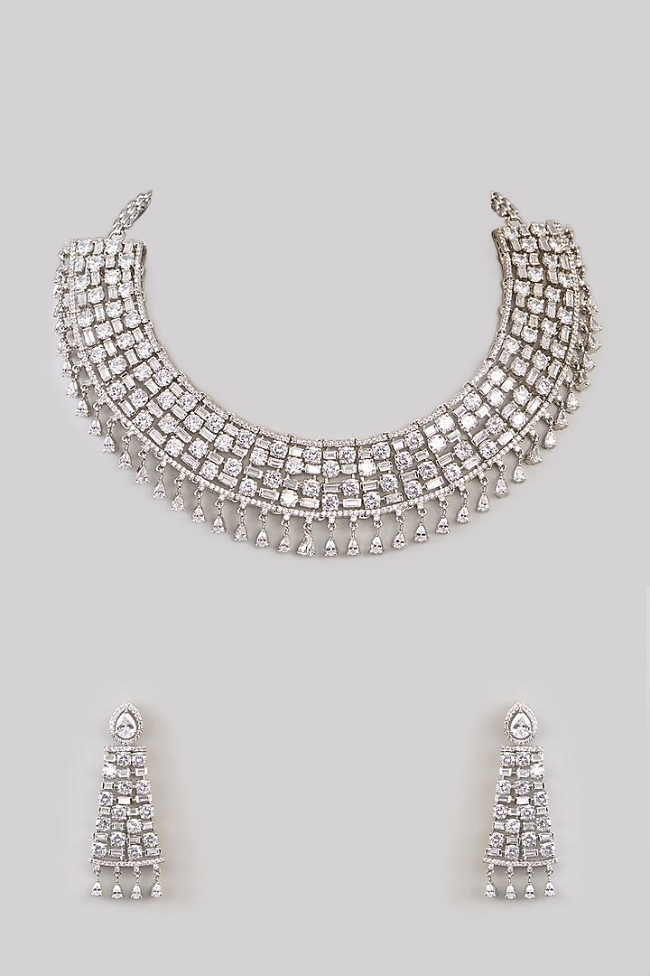 White Rhodium Finish American Diamond & Zircon Necklace Set by Aura Trends at Pernia's Pop Up Shop