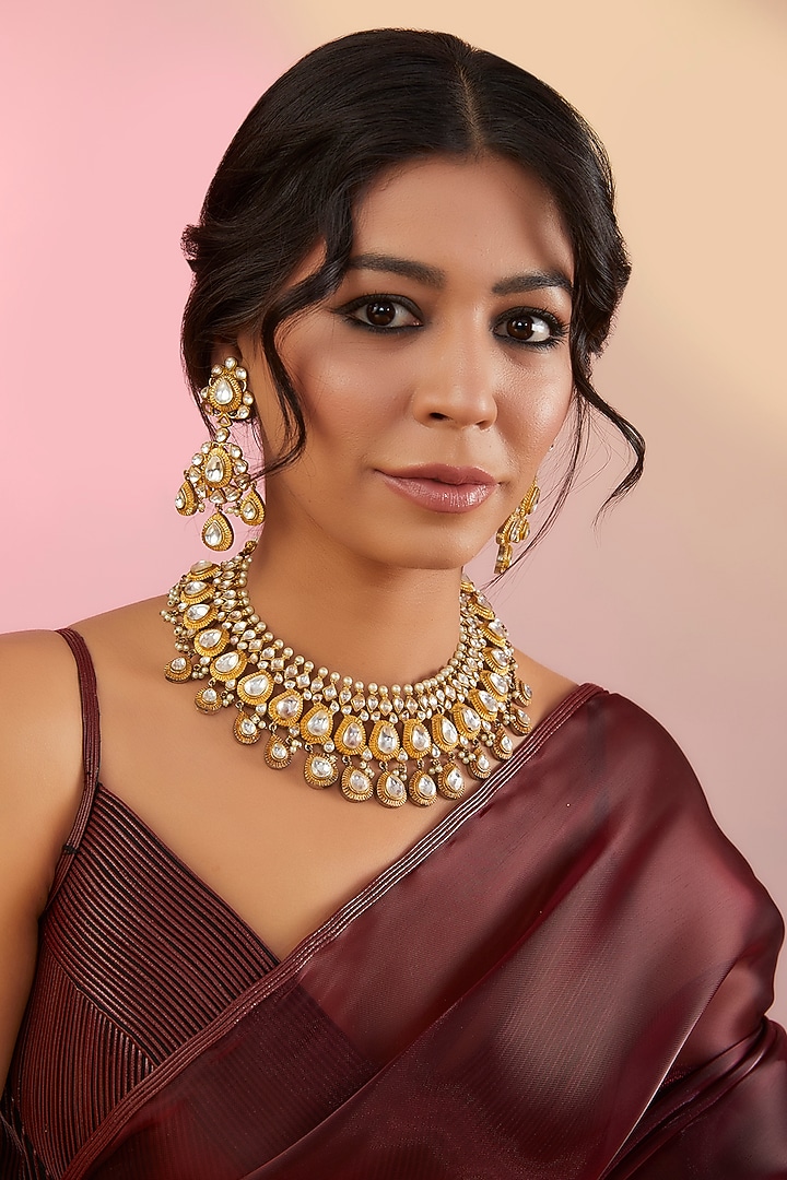 Gold Plated Kundan Polki & Green Stone Necklace Set by Aura Trends at Pernia's Pop Up Shop