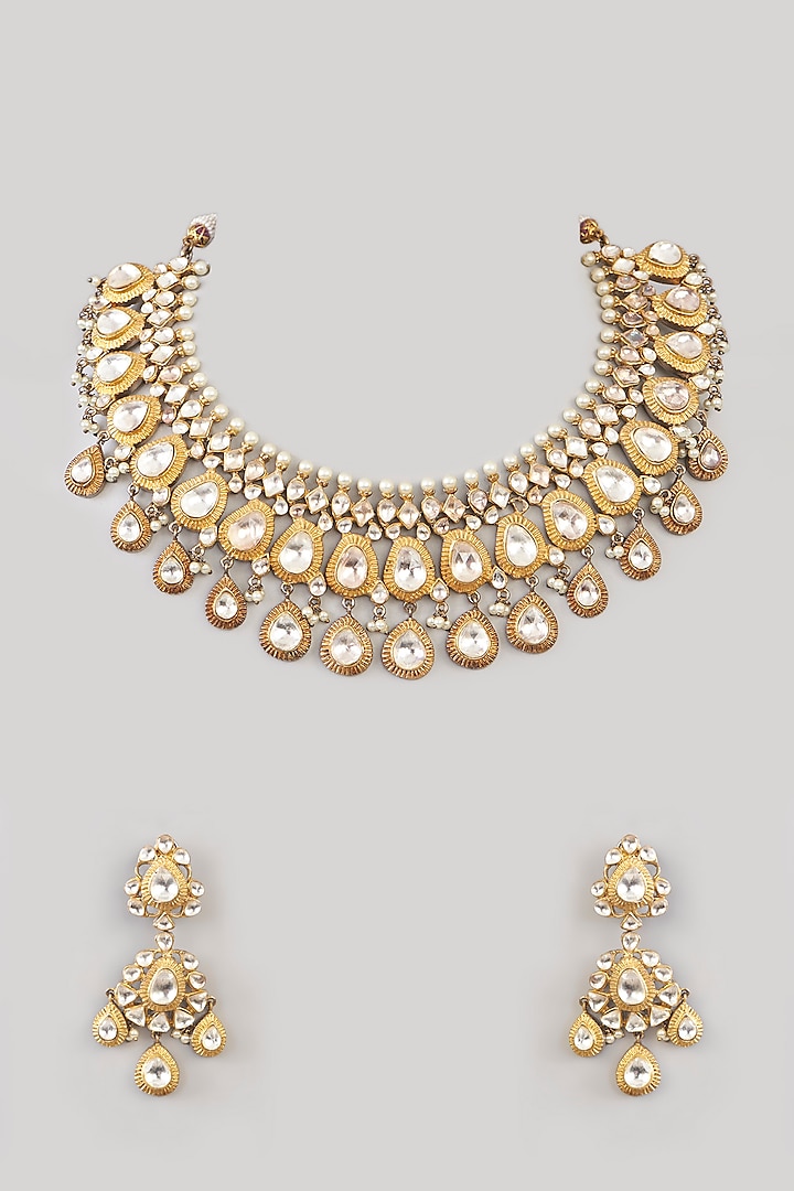 Gold Plated Kundan Polki & Green Stone Necklace Set by Aura Trends at Pernia's Pop Up Shop