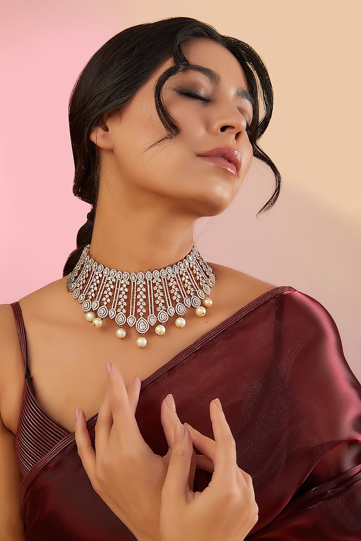 Rose Gold Finish Finish American Diamond Necklace Set by Auraa Trends at Pernia's Pop Up Shop