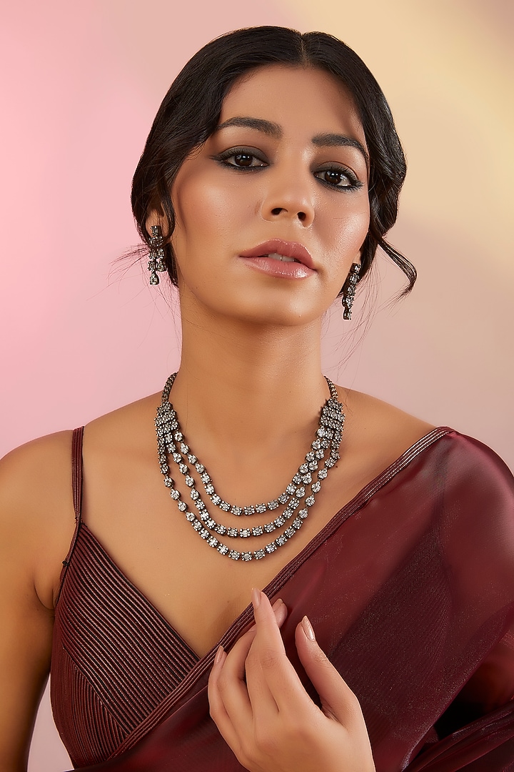 White Rhodium Finish American Diamond & Zircon Layered Necklace Set by Auraa Trends at Pernia's Pop Up Shop