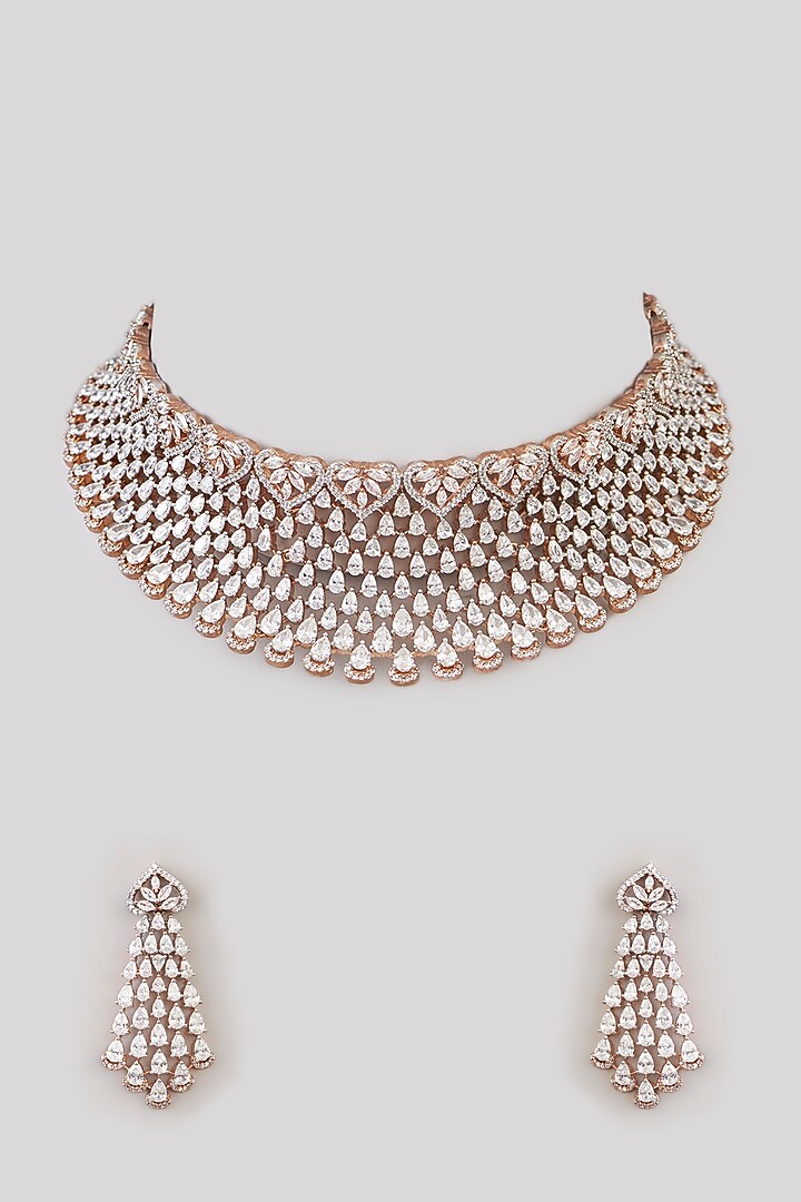 White Rhodium Finish American Diamond & Zircon Choker Necklace Set by Aura Trends at Pernia's Pop Up Shop