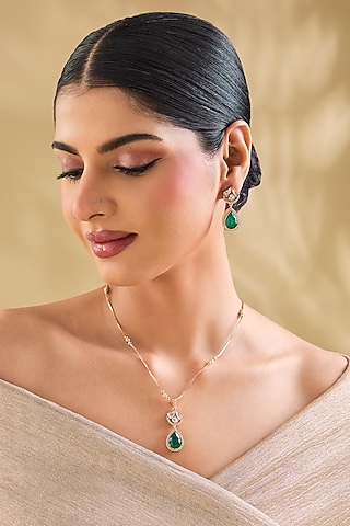 Rose Gold Finish Crystal & Emerald Stone Pendant Necklace Set by Aura Trends