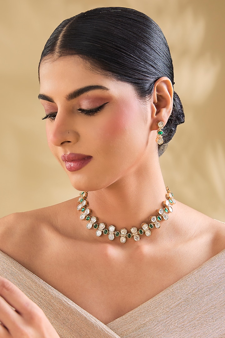 Rose Gold Finish White & Green Crystal Choker Necklace Set by Aura Trends at Pernia's Pop Up Shop