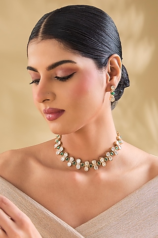 Rose Gold Finish White & Green Crystal Choker Necklace Set by Aura Trends