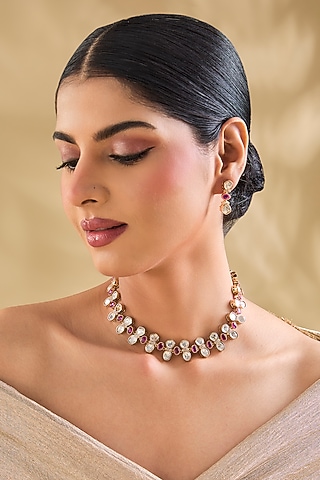 Rose Gold Finish Pink & Green Crystal Choker Necklace Set by Aura Trends