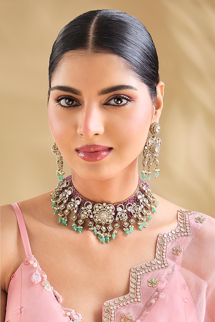 Rose Gold Finish Kundan Polki & Emerald Beaded Choker Necklace Set by Aura Trends at Pernia's Pop Up Shop