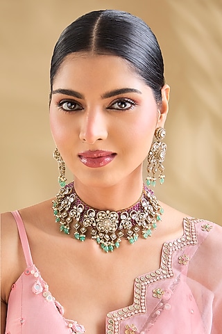 Rose Gold Finish Kundan Polki & Emerald Beaded Choker Necklace Set by Aura Trends
