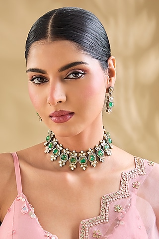 Rose Gold Finish Kundan Polki & Emerald Beaded Choker Necklace Set by Aura Trends