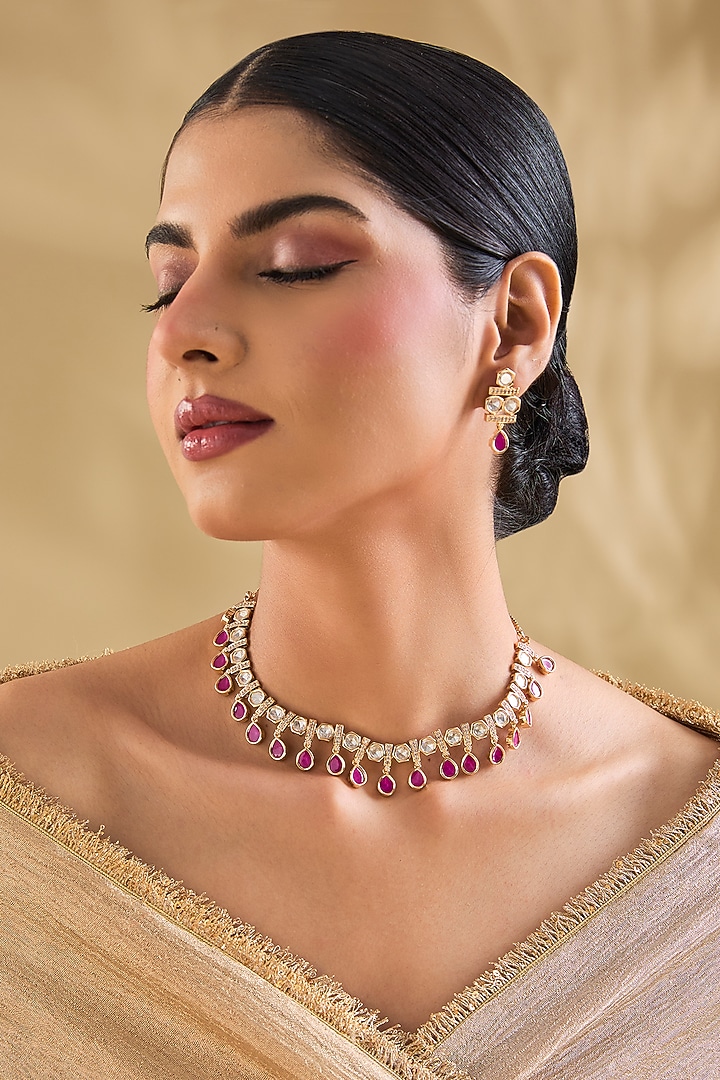Rose Gold Finish Crystal & Ruby Red Stone Choker Necklace Set by Aura Trends at Pernia's Pop Up Shop