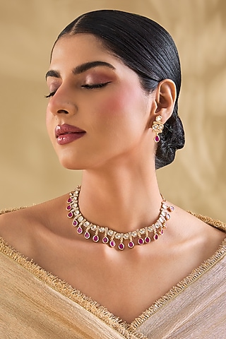 Rose Gold Finish Crystal & Ruby Red Stone Choker Necklace Set by Aura Trends