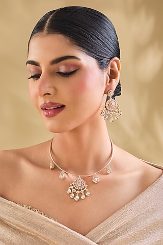 Rose Gold Finish Diamond Pendant Necklace Set by Aura Trends
