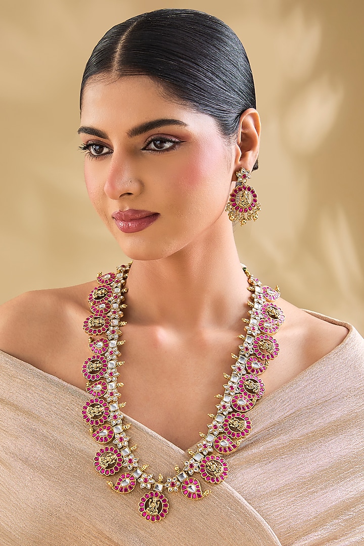 Gold Finish Kundan Polki & Pink Stone Long Necklace Set by Aura Trends at Pernia's Pop Up Shop